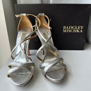 Badgley Mischka (7.5) Silver Strappy Open Toe Ankle Strap Heels- Wedding, Formal